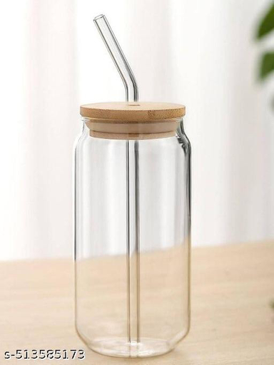Juice Glass, Soft Drink Tumbler With Straw and Wooden Lid